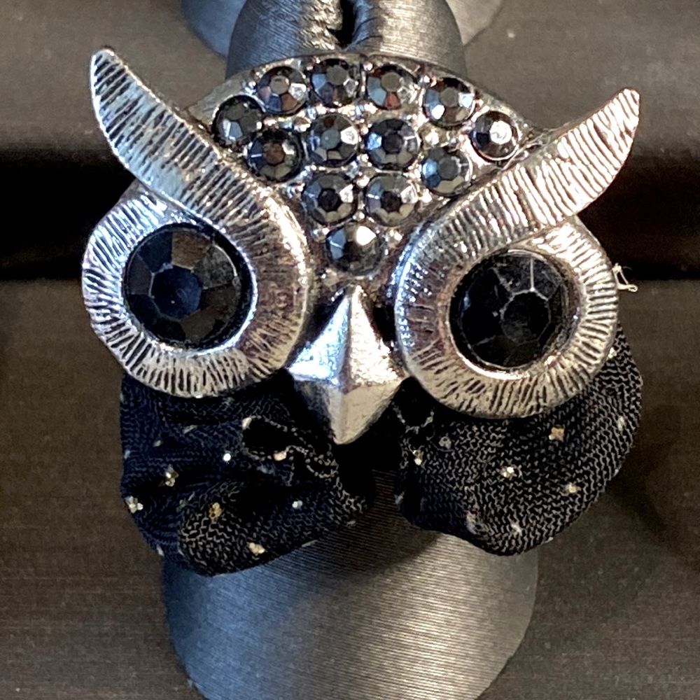 Vintage! OWL LOVERS!!! Owl Ring Adjustable Metal Black Rhinestones OLD